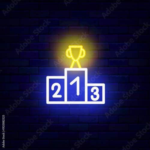 Award cup on winner pedestal neon icon. Championship sport trophy. Talent, quiz show. First place prize. Editable stroke. Vector stock illustration
