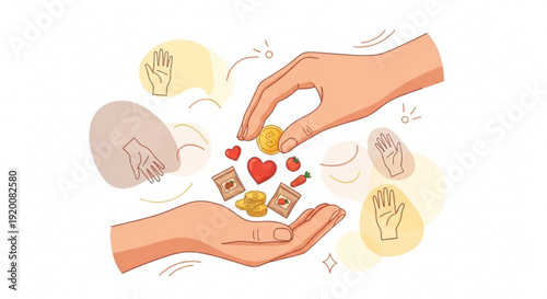 Two hands exchanging coins and hearts symbolizing kindness generosity and charity with a minimalist illustration style on a white background
