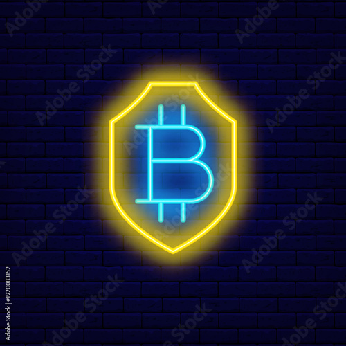 Crypto currency with shield icon. Blockchain technology. Saving concept.Modern banking on brick wall. Editable stroke. Vector stock illustration