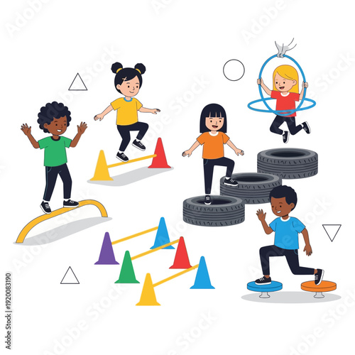 Children actively participating in an obstacle course designed for physical activity and fun.