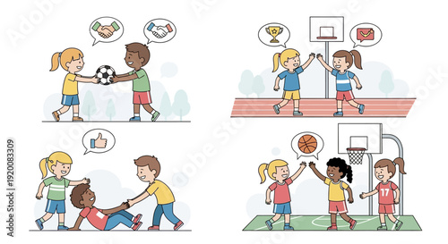 Children playing sports and showing good sportsmanship and teamwork.