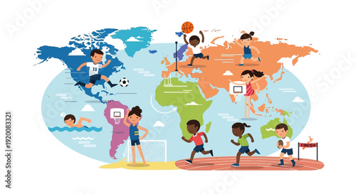Children playing sports around the world map illustration.
