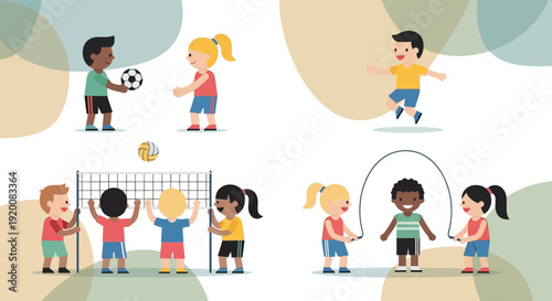 Children playing various sports and games together outdoors.