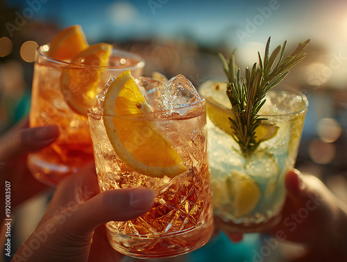Three hands clink glasses of colorful, iced cocktails garnished with citrus, herbs, and an olive, against a bright coastal backdrop.