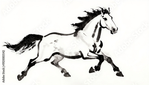 Fast running horse in black and white ink painting style  