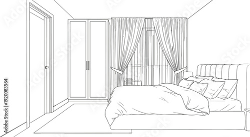 Architectural line drawing of a cozy bedroom featuring a plush bed wardrobe and tied-back window curtains