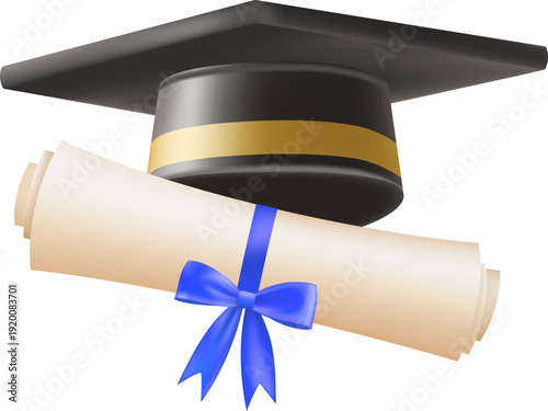 3d diploma scroll with graduate hat. Vintage roll paper with black mortarboard. Graduation education certificate of university, college, or school. Vector illustration. EPS 10.