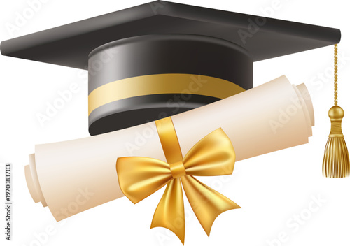 3d diploma scroll with graduate hat. Vintage roll paper with black mortarboard. Graduation education certificate of university, college, or school. Vector illustration. EPS 10.