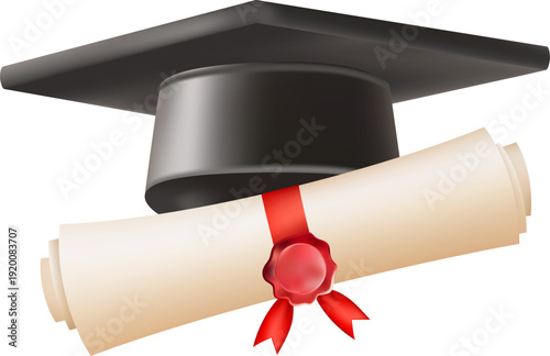 3d diploma scroll with graduate hat. Vintage roll paper with black mortarboard. Graduation education certificate of university, college, or school. Vector illustration. EPS 10.