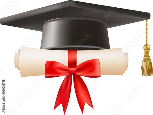 3d diploma scroll with graduate hat. Vintage roll paper with black mortarboard. Graduation education certificate of university, college, or school. Vector illustration. EPS 10.