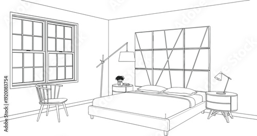 Architectural line drawing of a modern bedroom with geometric headboard round bedside tables and accent chair