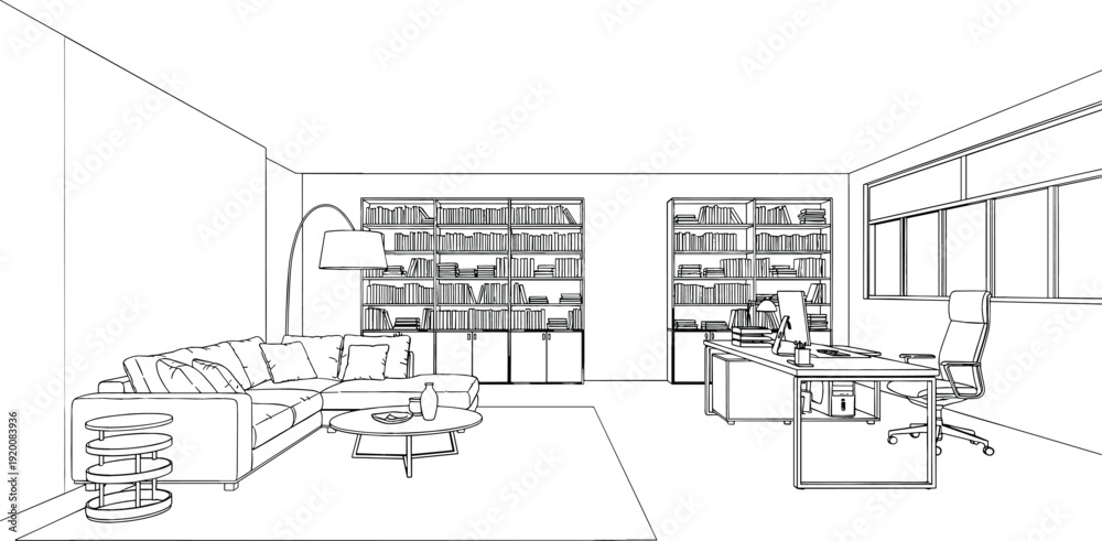 Fototapeta premium Architectural line drawing of an expansive executive suite with sectional sofa lounge and modern desk workspace