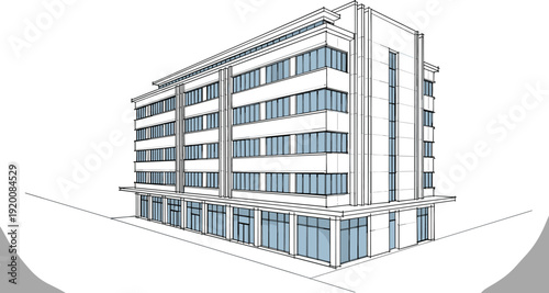 Architectural line drawing of a modern multi-story commercial office building exterior with blue glass curtain walls