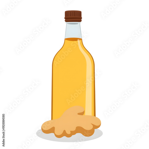 Ginger oil bottle with ginger root on white background  