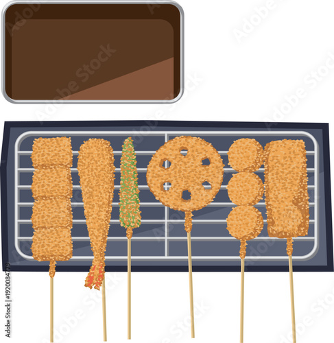 盛り付けられた串カツとソースのイメージイラスト