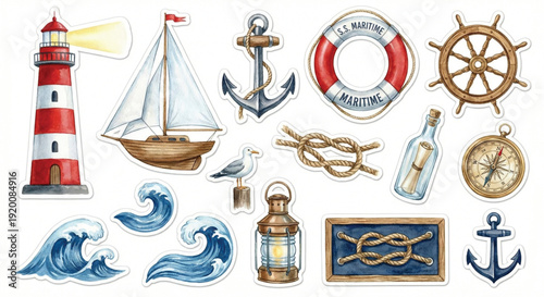 Watercolor clip art set, Nautical theme, collection of 15 items
