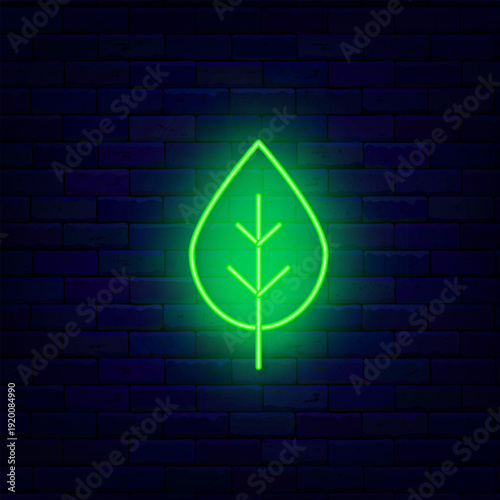 Green tree leaf neon icon. Eco friendly design. Save planet Earth. Flower shop sign. Vector stock illustration