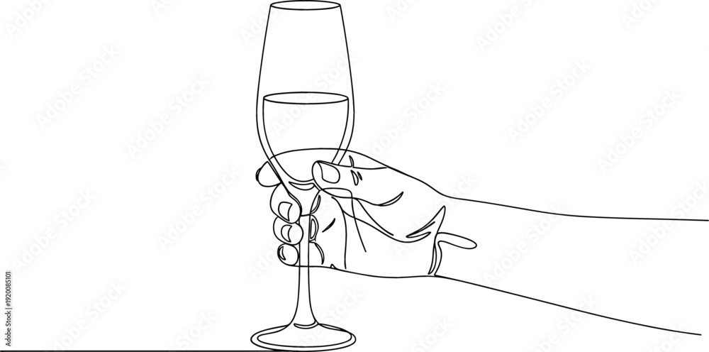 Obraz premium Continuous one line drawing of a hand holding a champagne glass for celebration and luxury toast