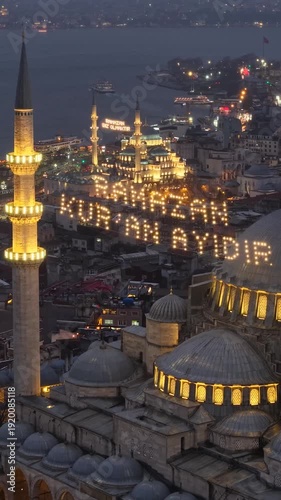 Aerial view of mosques at night during Ramadan, mosques in Istanbul with night lighting and decorative lanterns.