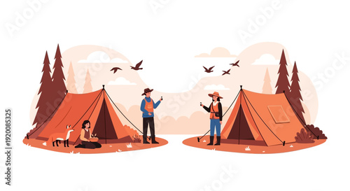 Vector illustration of a family on a sustainable wildlife eco-tourism adventure with a child and woman near a tent and trees with a globe and map in the background.