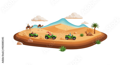 Colorful illustration of children riding ATVs in a desert landscape with a mountain and palm tree, promoting eco-friendly wildlife tourism and conservation.