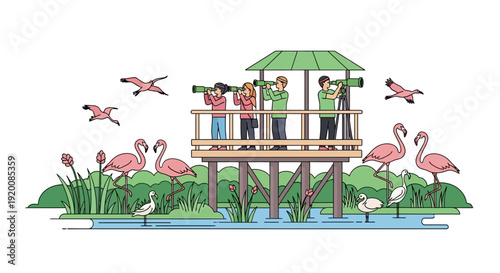 Illustration of a family on a safari observation deck with flamingos and birds in a natural setting, promoting eco tourism and wildlife conservation with a colorful and educational
