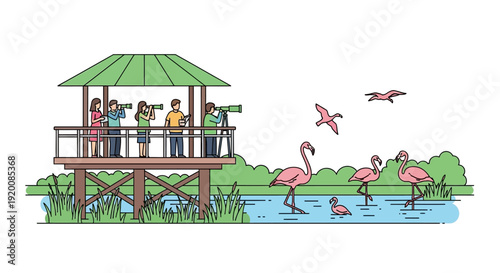 A group of people on an elevated viewing platform observing wildlife, including flamingos and birds, in a natural setting with a focus on sustainable eco tourism and conservation.