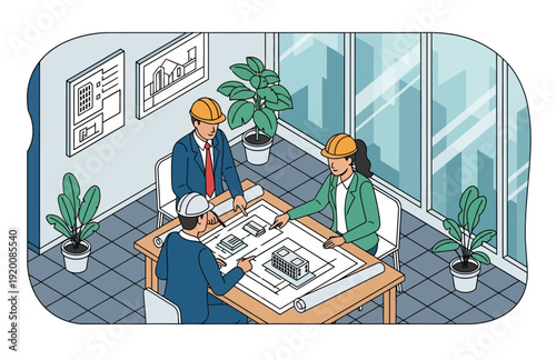 Three architects or engineers in hard hats discussing building blueprints in a modern office.