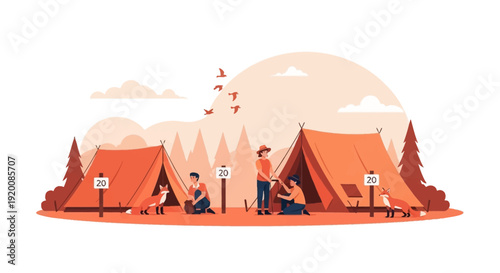 Illustration of a family on a sustainable wildlife tourism adventure with kids in a colorful campsite with tents and trees in a natural setting.