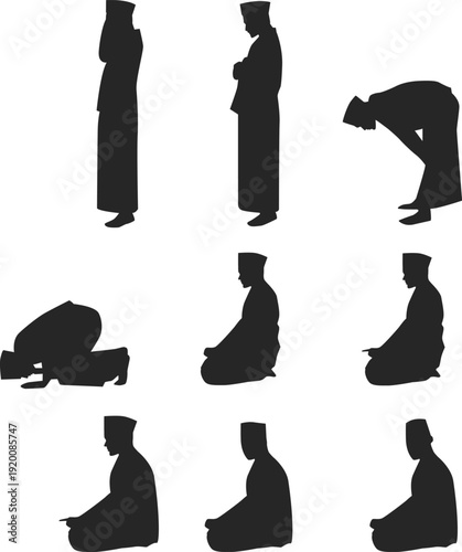 Set of Muslim Man Shalat Silhouette, Takbir, Ruku, Sujud, and Tahiyat.