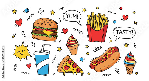 A vibrant doodle illustration featuring a collection of popular fast food items like a burger, fries, hot dog, pizza, soda, and ice cream, surrounded by playful decorative elements.