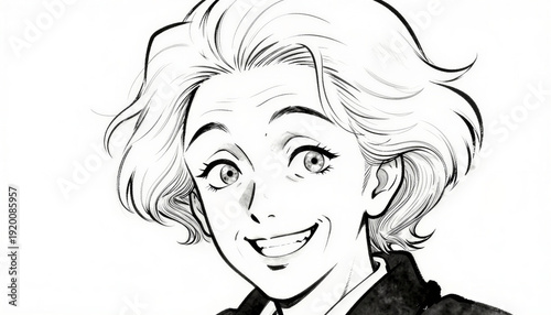 Smiling animated character with short hair in black and white style  