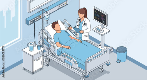 Isometric illustration of a female doctor examining a male patient in a hospital room with medical equipment and monitor.