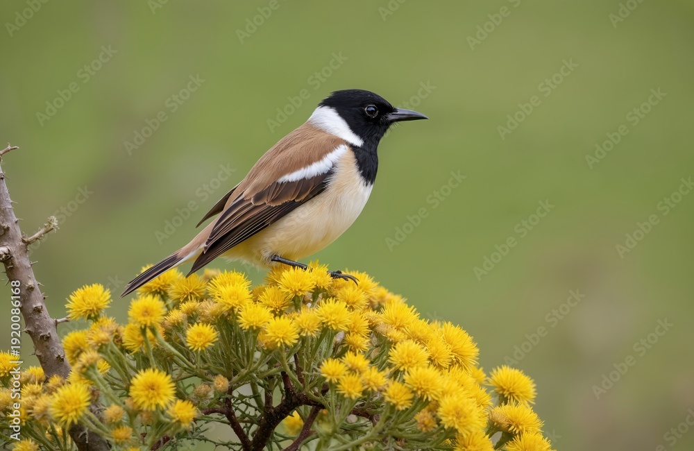 Obraz premium Small bird with black head and brown wings sits on yellow flowers. Wildlife scene features songbird in natural habitat. Ornithology study of passerine species in bloom.