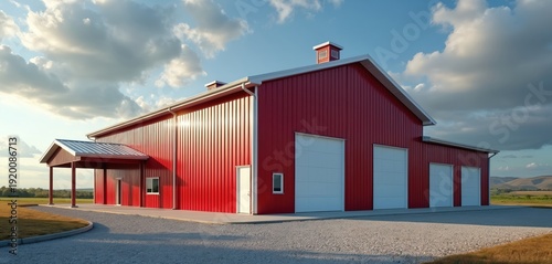 Large red metal barn with multiple garage doors sits on gravel lot. Building has white trim, roof vents, and concrete floor. Rural landscape and cloudy sky form background.