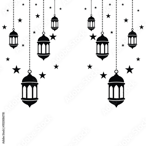 Minimalist Islamic lantern silhouette pattern with hanging Arabic lamps and scattered stars on light background. Elegant Ramadan or Eid decorative backdrop in modern black and white style.