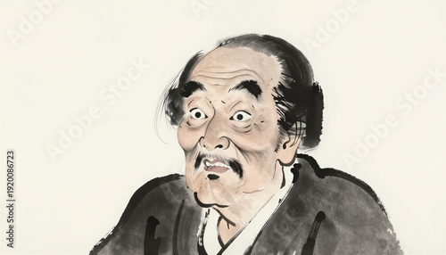 Elderly man looking surprised in traditional Japanese ink painting  