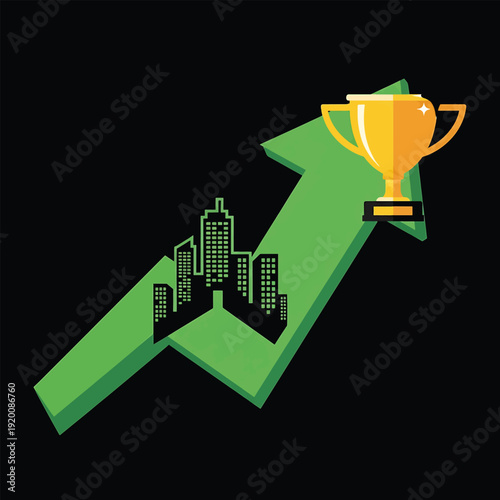 Green Arrow Showing Business Growth and Success with Trophy.