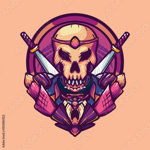Samurai skull badge with crossed swords