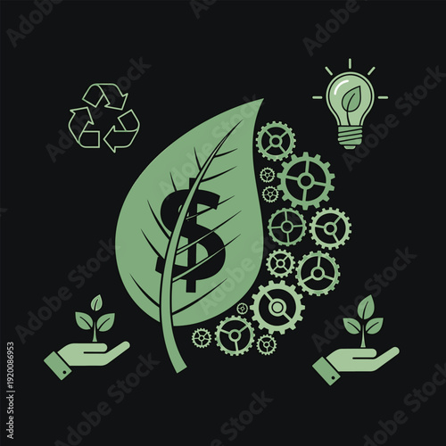 Green business concept with gears and dollar sign on leaf.