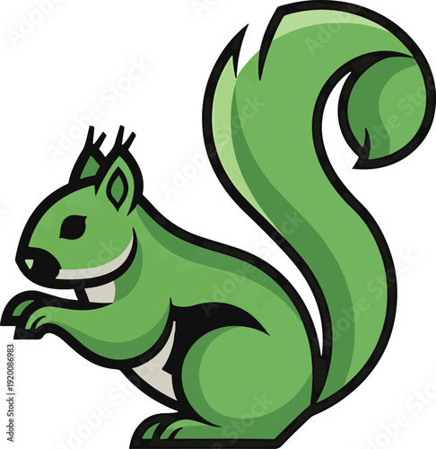 Green cartoon squirrel illustration with fluffy tail.