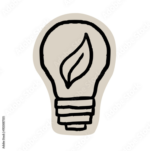 Eco light bulb scrapbook, doodle, sticker, collage, icon: hand drawn illustration of lamp with leaf for energy, idea, green