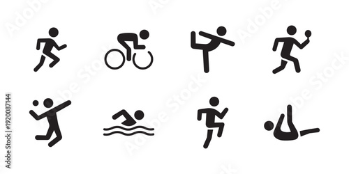 vector illustration of Sports Icons Set Showing Running, Cycling, Yoga, Tennis, Volleyball and Swimming Pictograms.