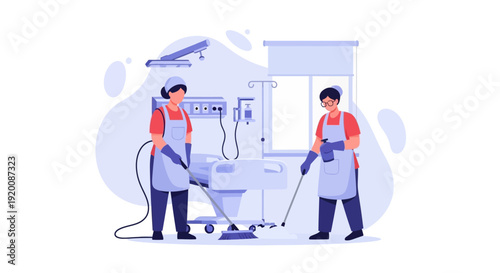 Two janitors cleaning a hospital room with medical equipment.