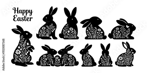 Decorative black silhouette rabbits with floral patterns, cutout graphic style, white background. Concept of Easter celebration design