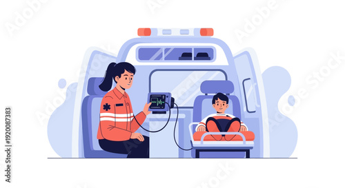 Paramedic treating a patient in an ambulance during emergency medical care.