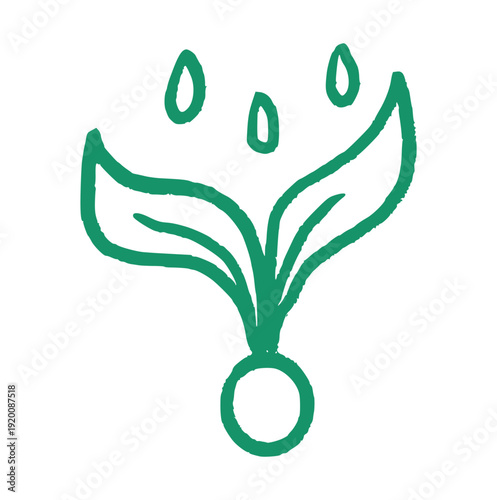 sprout plant with water drops icon, green hand drawn doodle, rough outline seedling for growth, agriculture, sustainability, and nature care concept