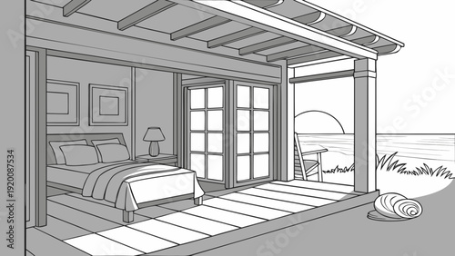 Beachfront Bedroom Retreat Serene Coastal Living Illustration.