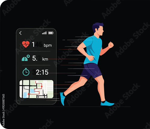 Man running with fitness tracker app showing stats.