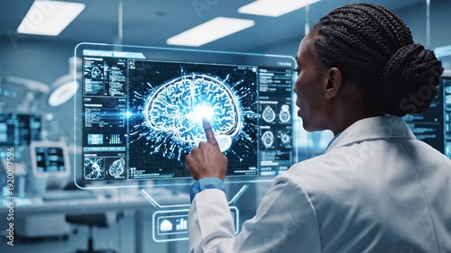 Mindful Exploration: An astute doctor meticulously examines an intricate brain scan, employing advanced technology to delve into the complexities of human cognition.